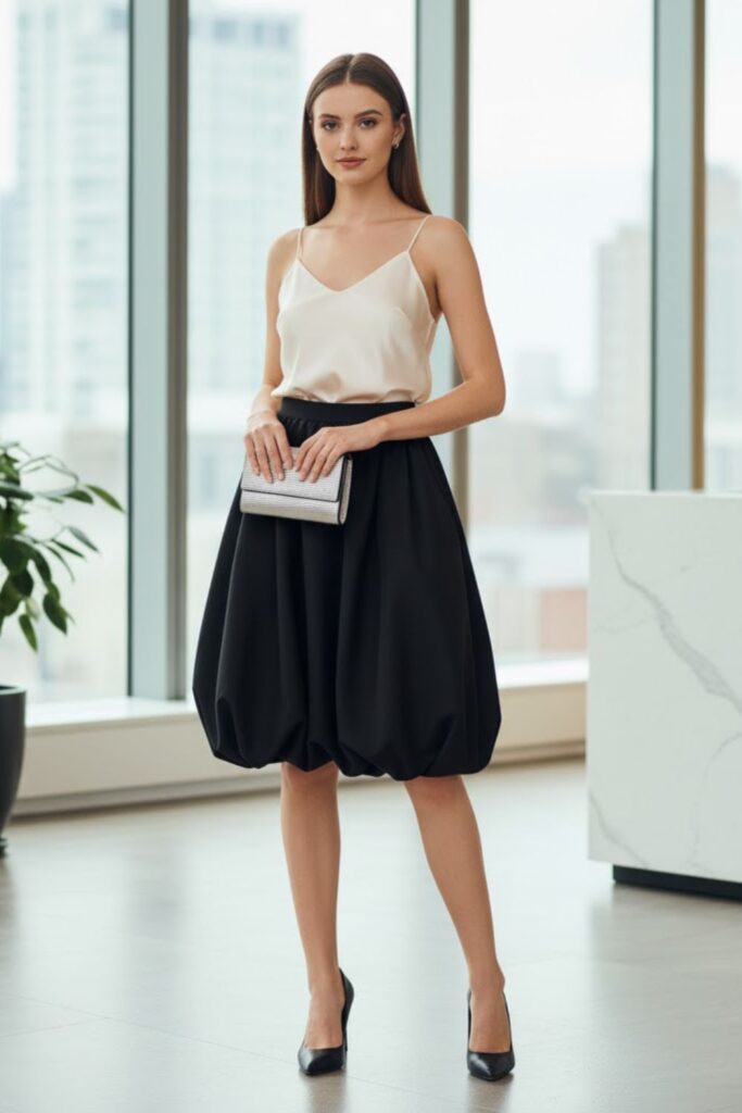 Satin Camisole, Black Balloon Skirt, Stiletto Heels, Metallic Clutch