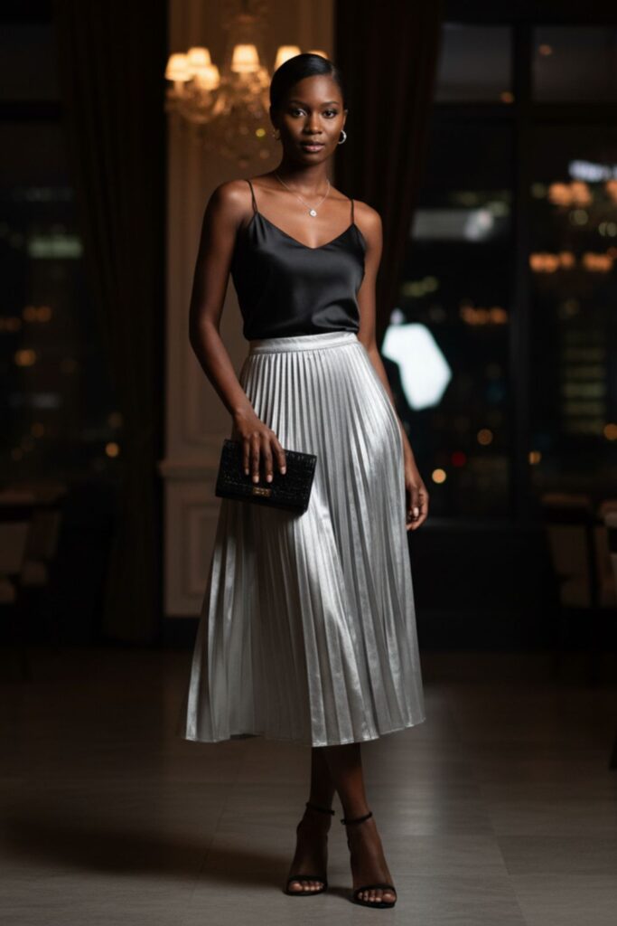 Satin Camisole, Silver Midi Skirt, Heeled Sandals, Clutch Bag