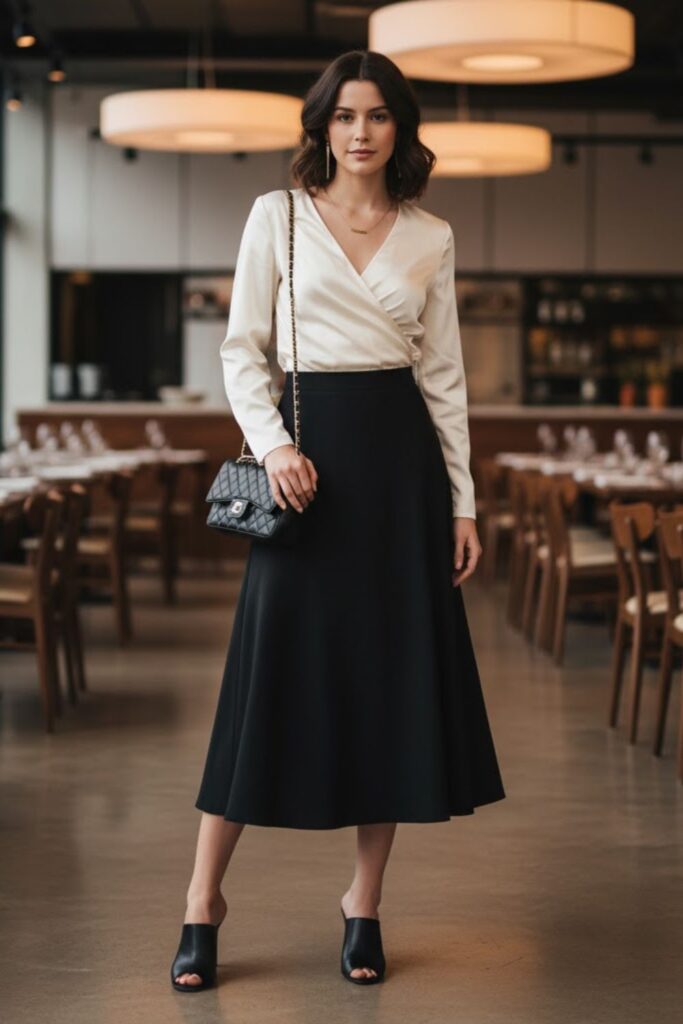 Satin Wrap Top, Black A-Line Skirt, Heeled Mules, Chain Bag