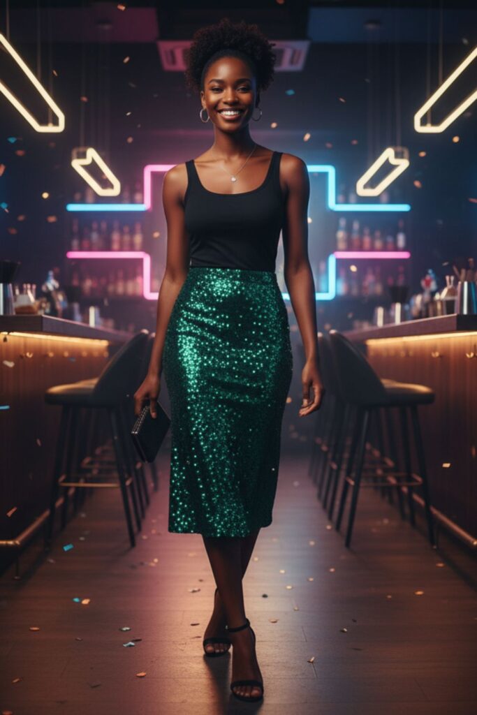 Sequin Green Skirt with Black Tank and Heeled Sandals