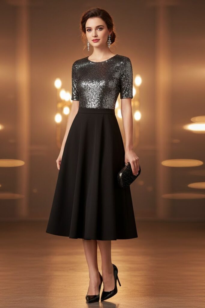 Sequin Top, Black A-Line Skirt, Stiletto Heels, Clutch Bag