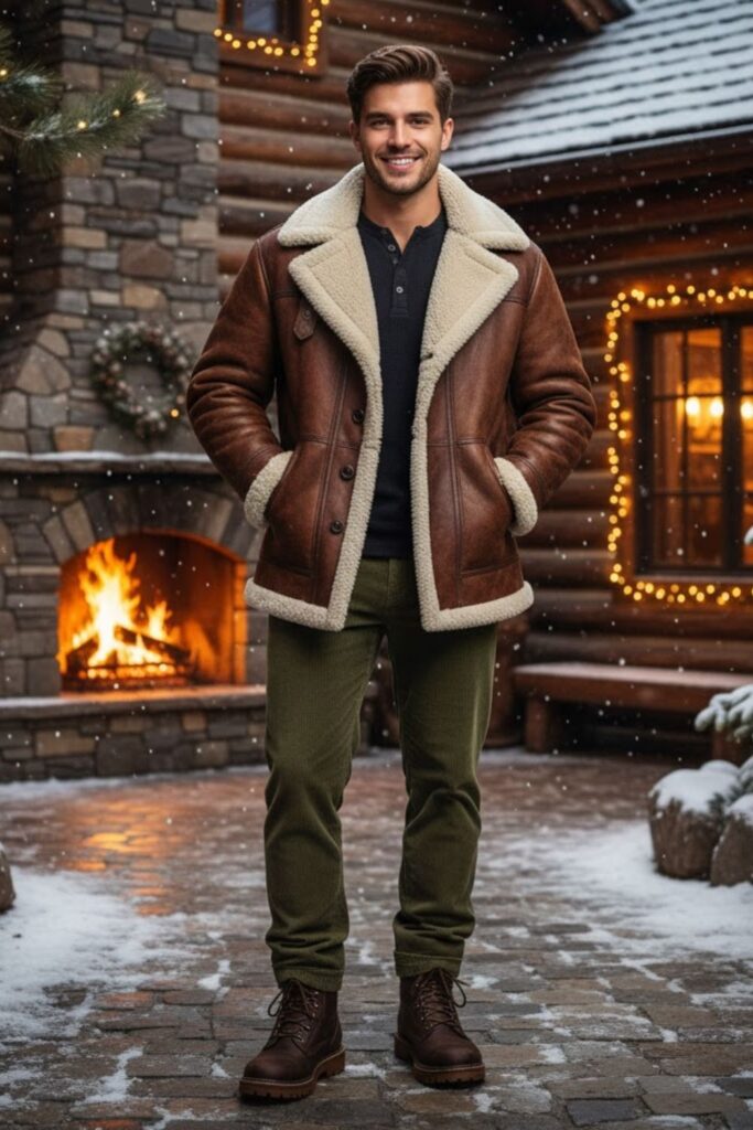 Shearling Coat with Thermal Shirt and Corduroy Pants