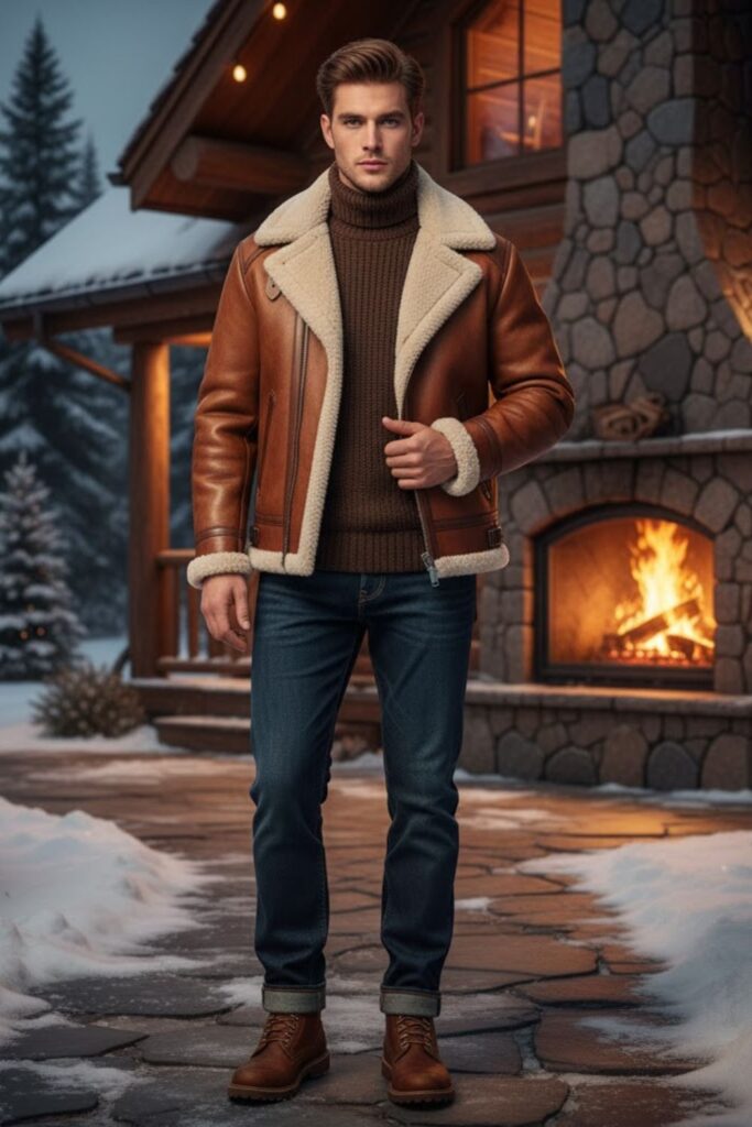 Shearling Jacket with Denim and Leather Boots