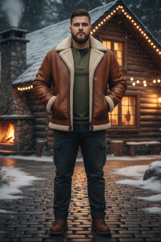 Shearling Jacket with T-Shirt and Cargo Pants