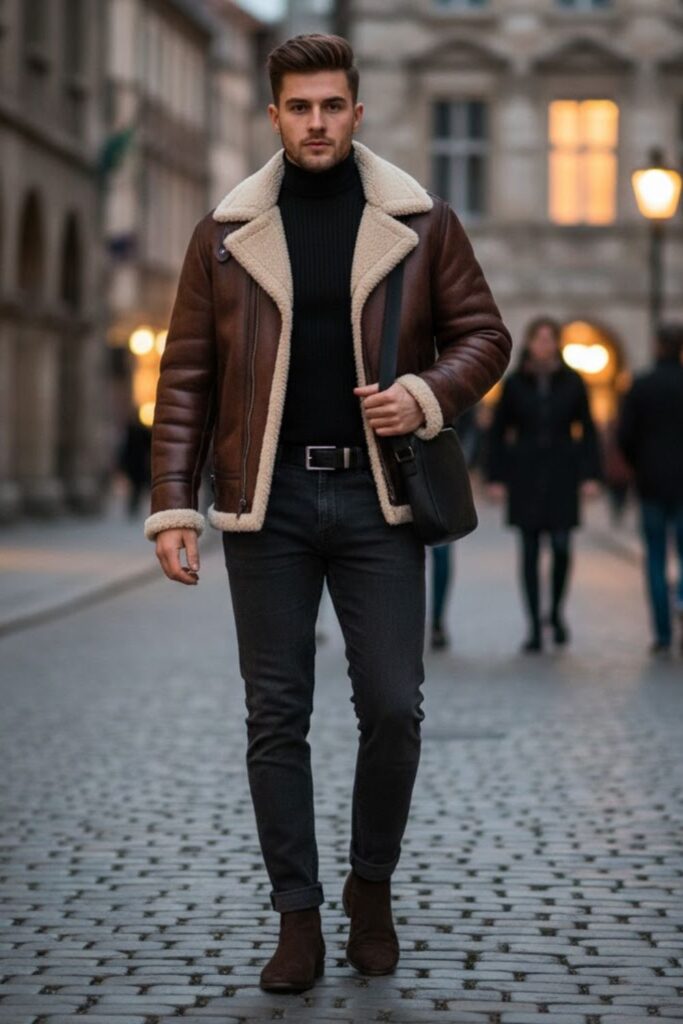 Shearling Jacket with Turtleneck and Tailored Jeans