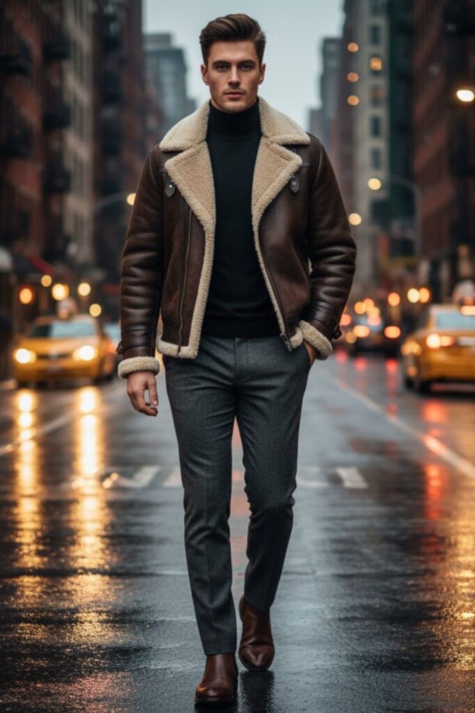 Shearling Jacket with Turtleneck and Wool Pants