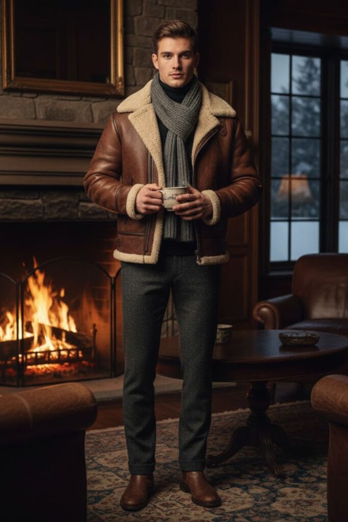 Shearling Jacket with Turtleneck and Wool Slacks