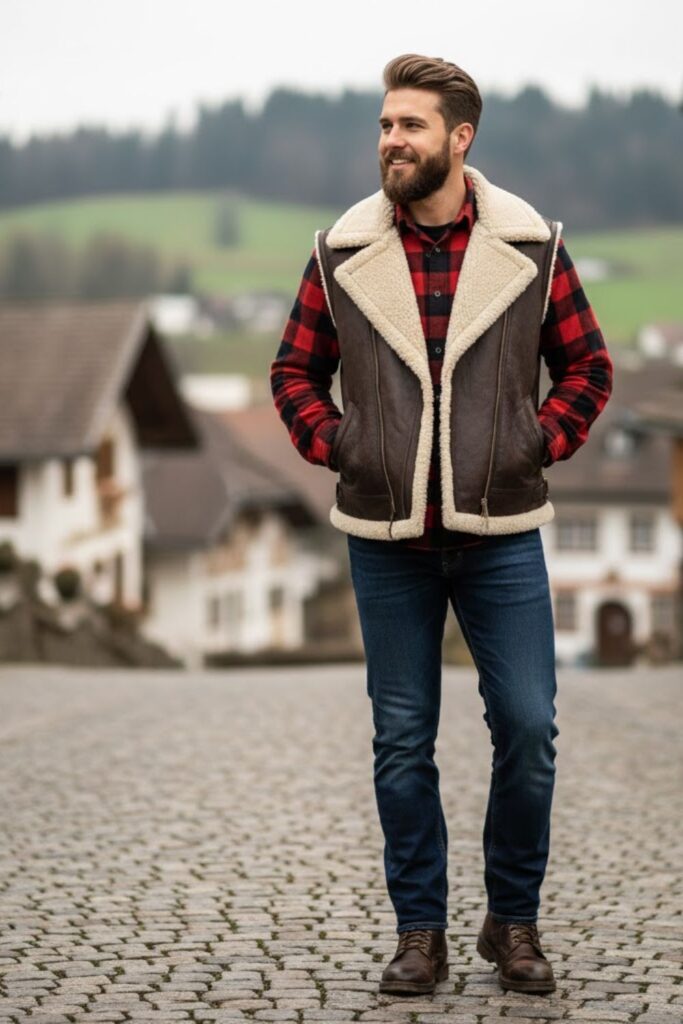 Shearling Vest with Flannel Shirt and Jeans