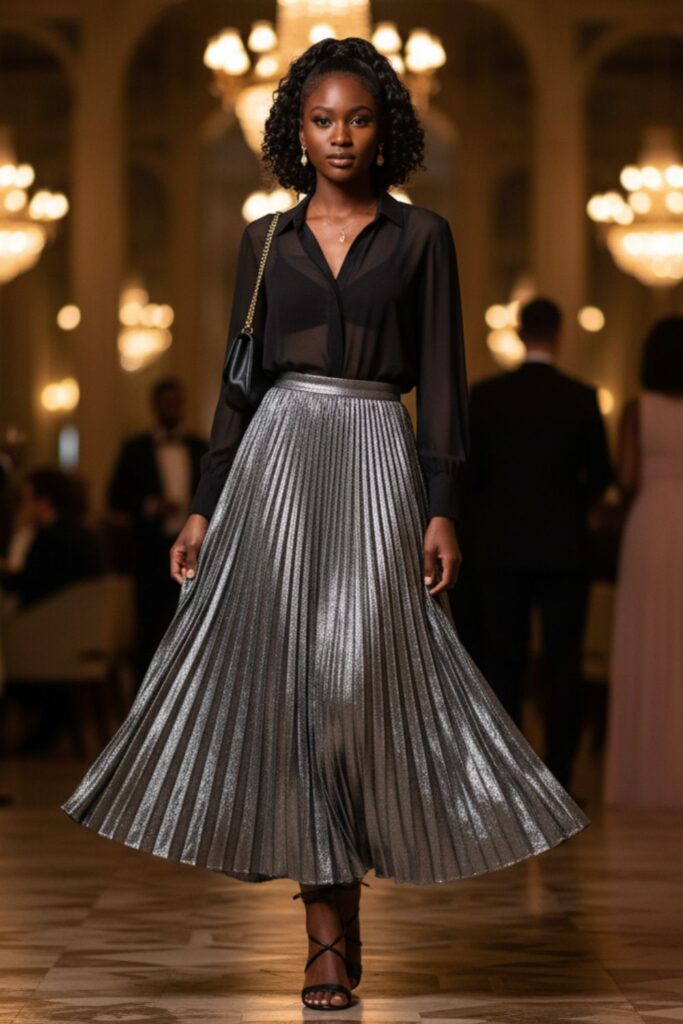 Sheer Blouse, Silver Maxi Skirt, Block Heels, Small Shoulder Bag