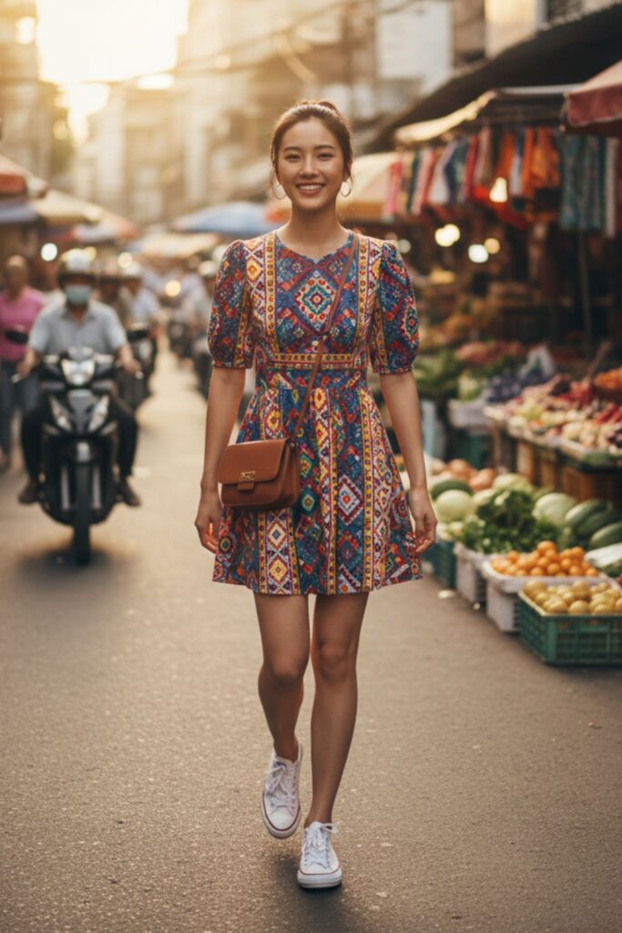 Short-Sleeved Dress with Sneakers