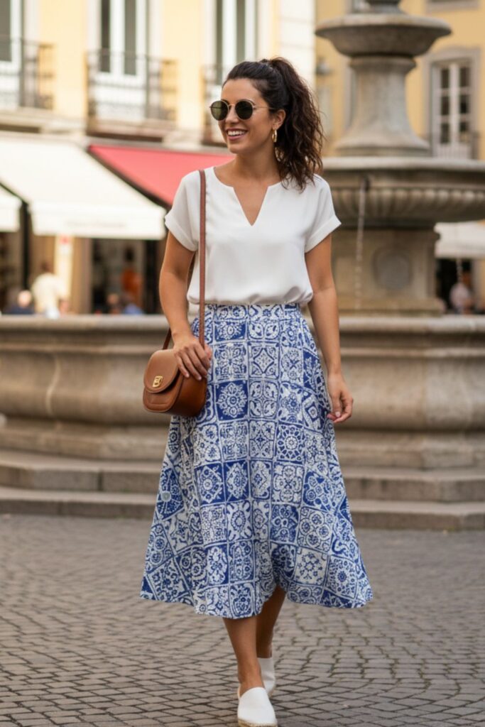 Short-Sleeved Top with Midi Skirt