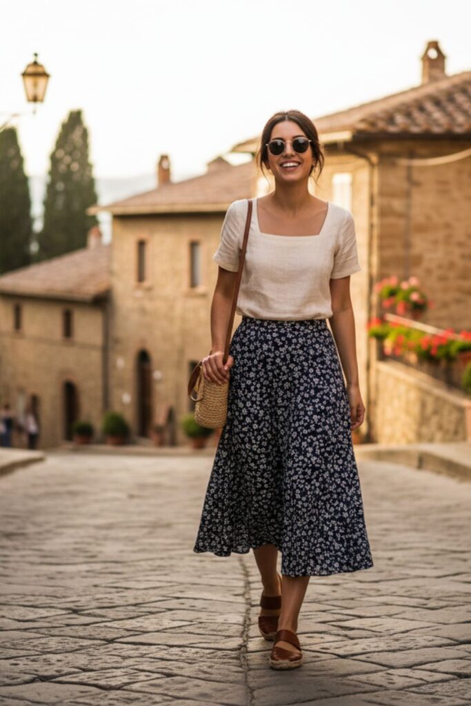 Short-Sleeved Top with Midi Skirt