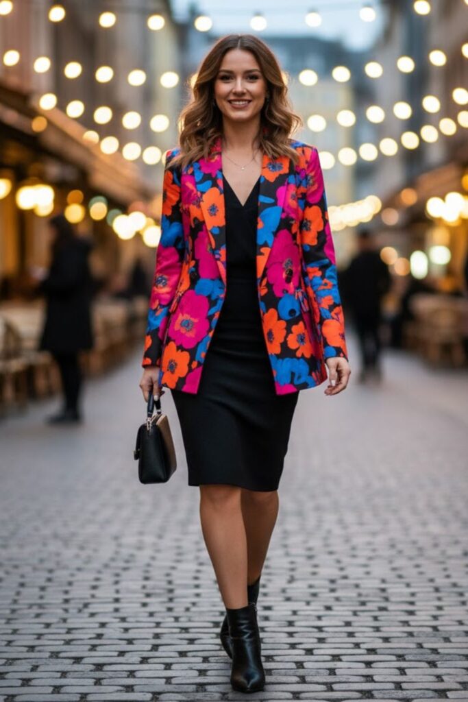 Statement Blazer with Simple Black Skirt