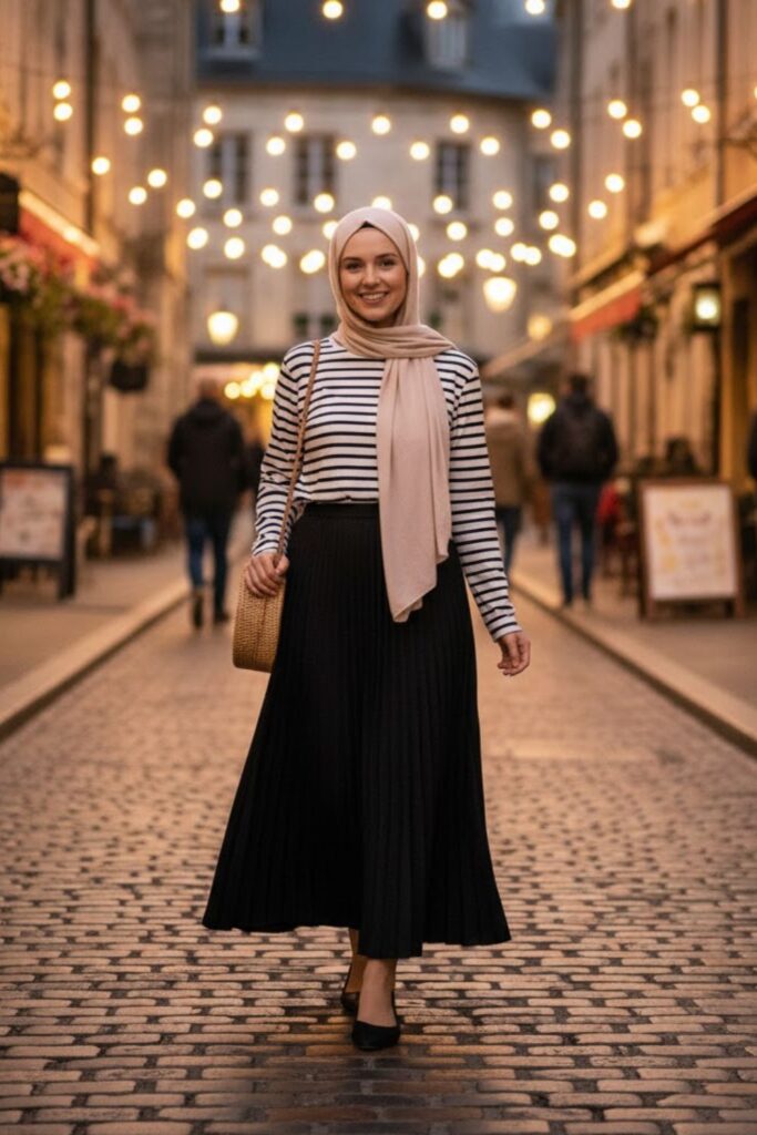 Striped Long Sleeve Top, Black Pleated Skirt, Ballet Flats, Neutral Hijab
