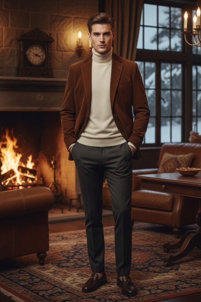 Suede Jacket with Knitwear and Wool Pants