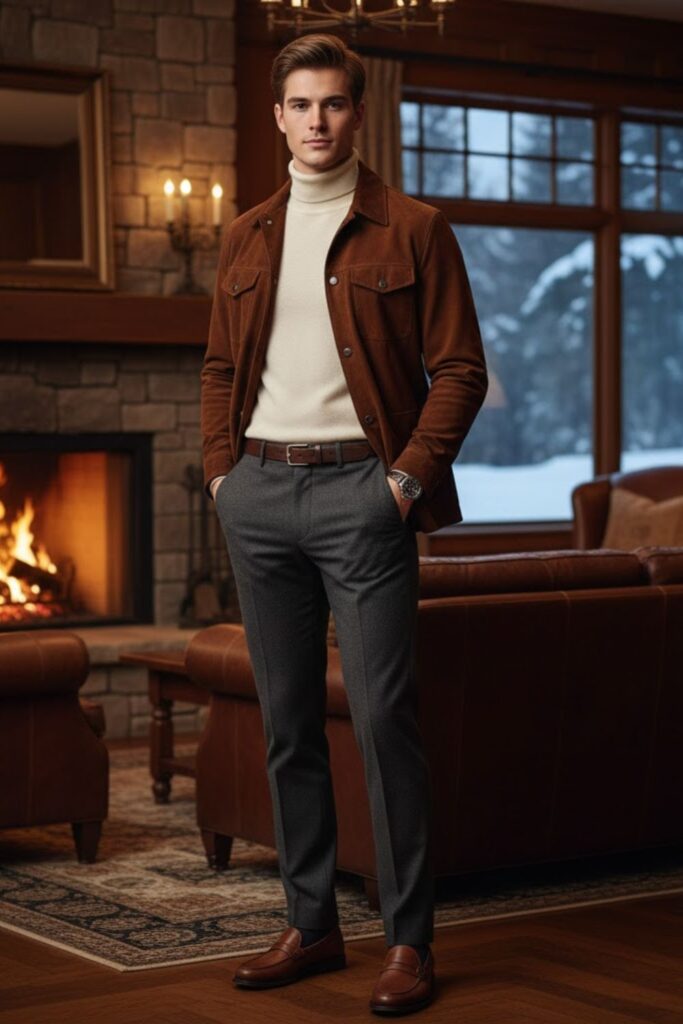 Suede Jacket with Wool Sweater and Slim Pants