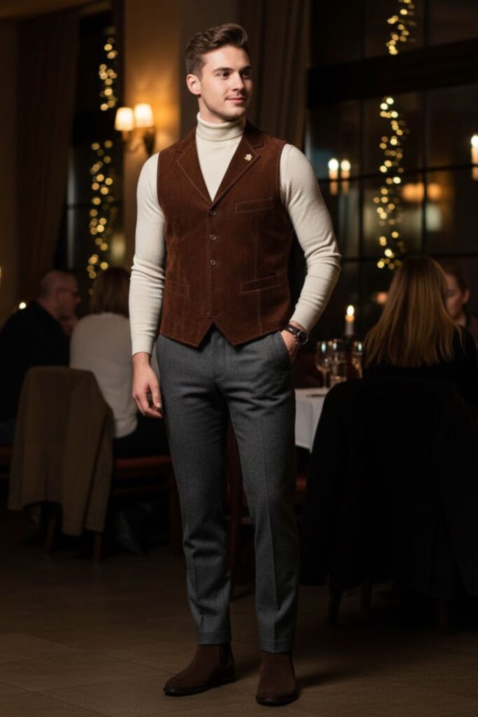 Suede Vest with Turtleneck and Slim Pants