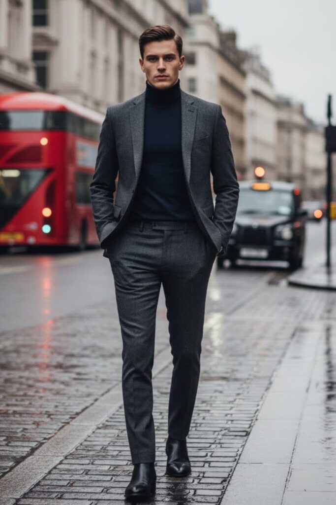 Suit with Turtleneck and Dress Boots