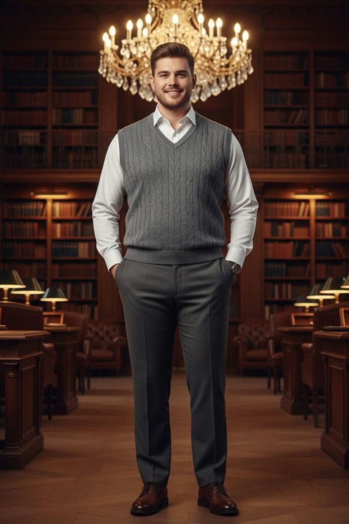 Sweater Vest with Dress Shirt and Wool Trousers