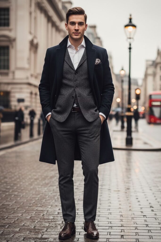 Tailored Vest with Dress Shirt and Overcoat