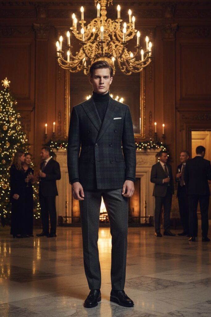 Tartan Blazer with Turtleneck and Dress Shoes