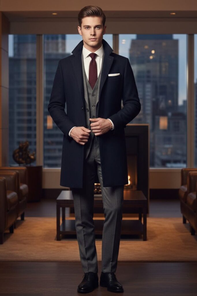 Three-Piece Charcoal Suit with Overcoat