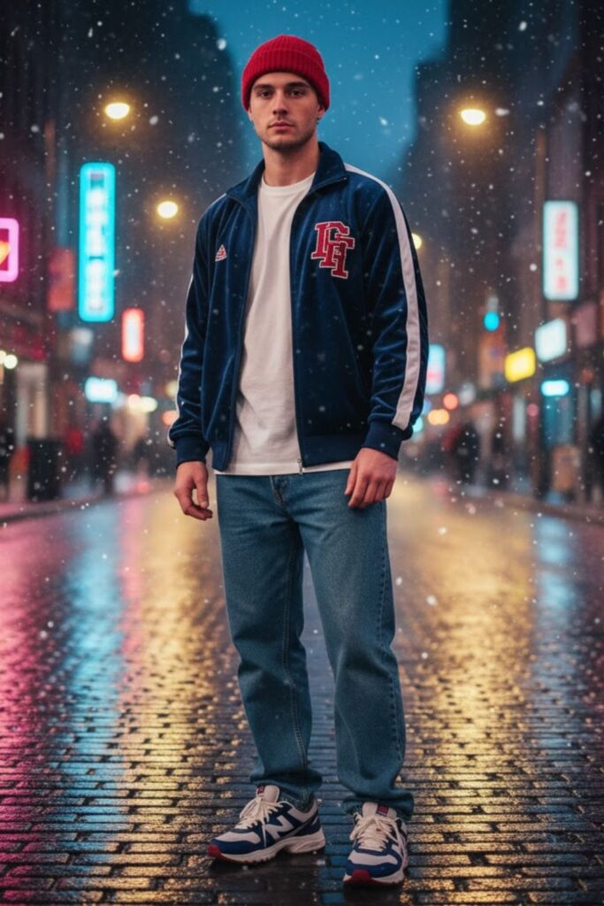 Track Jacket with Straight Jeans and Beanie