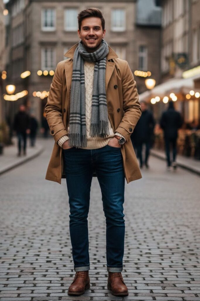 Trench Coat with Knit Sweater and Tailored Jeans
