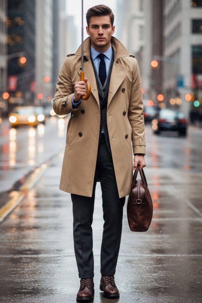 Trench Coat with Sweater Vest and Trousers
