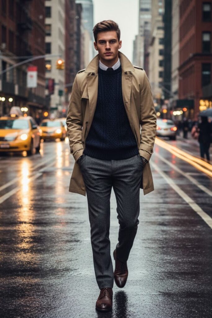 Trench Coat with Sweater and Slim Trousers