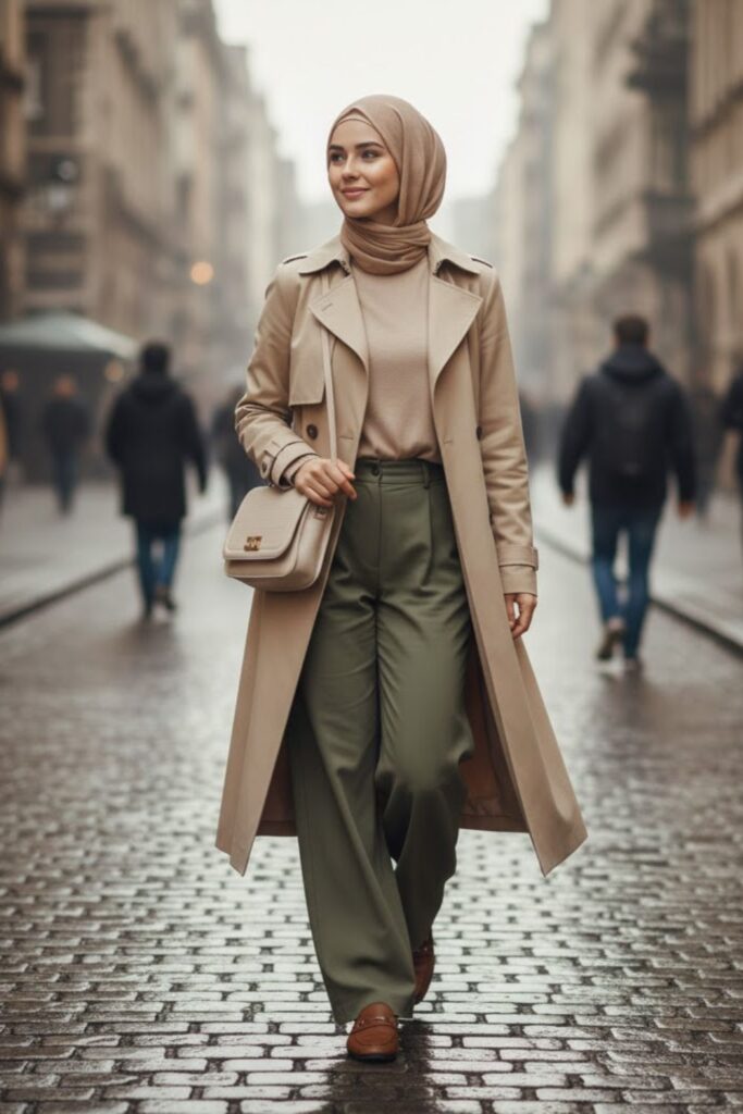 Trench Coat with Wide Trousers