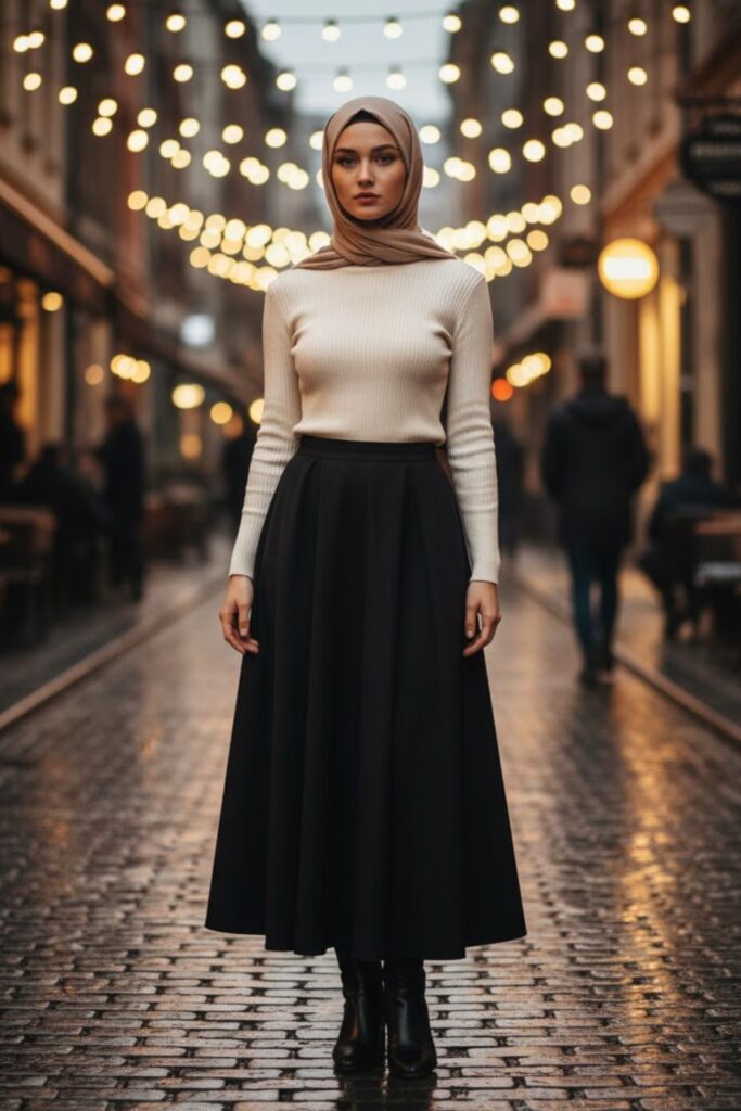 Turtleneck, Black A-Line Skirt, Ankle Boots, Neutral Hijab