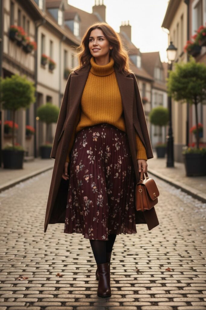 Turtleneck Sweater with Midi Skirt