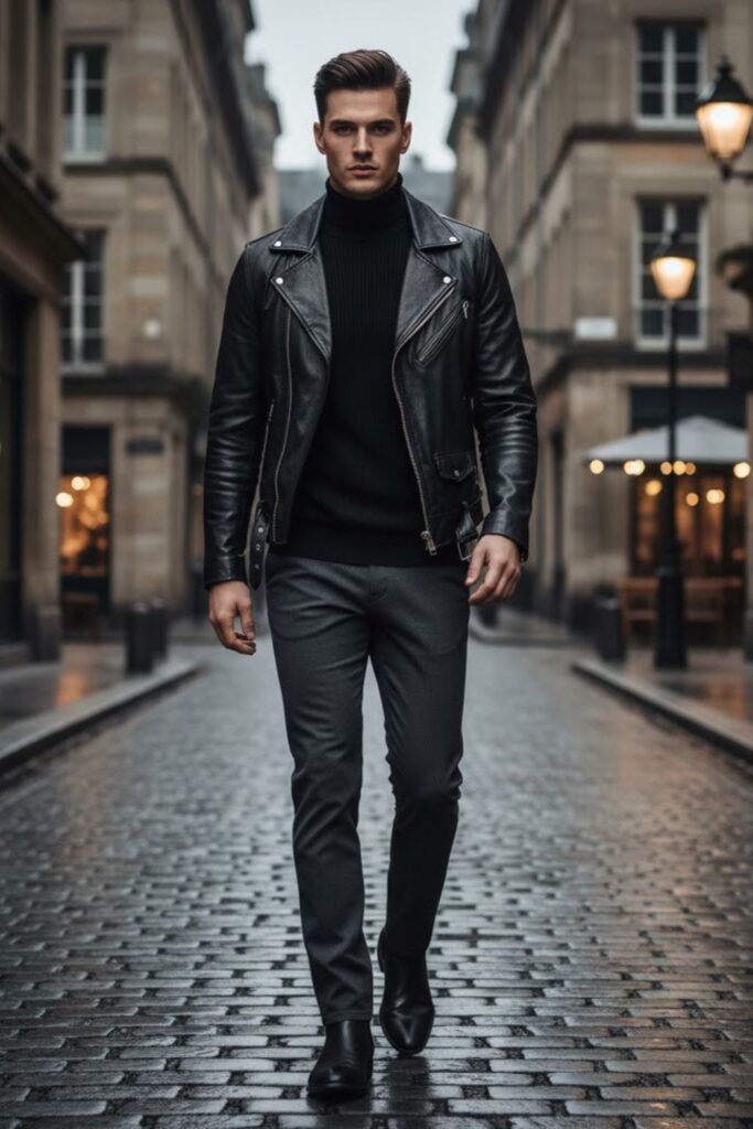 Turtleneck and Leather Jacket