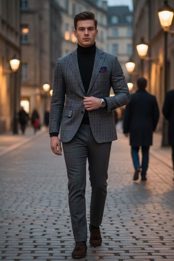 Turtleneck with Check Blazer and Wool Trousers
