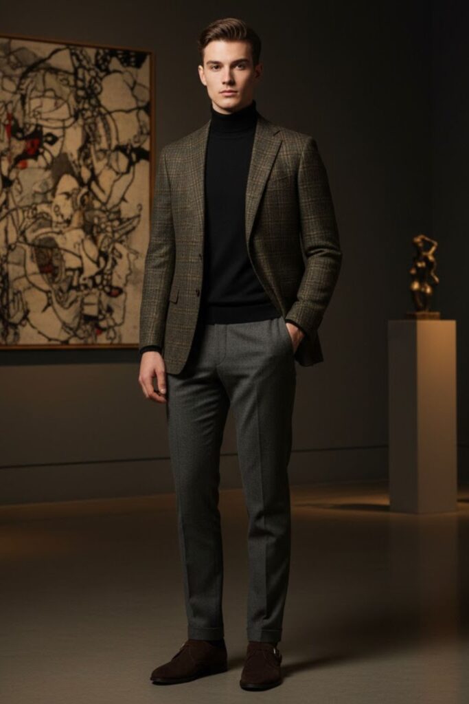 Turtleneck with Checked Blazer and Tailored Slacks