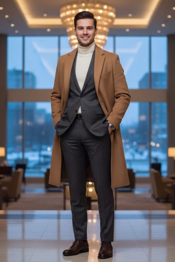 Turtleneck with Suit and Overcoat