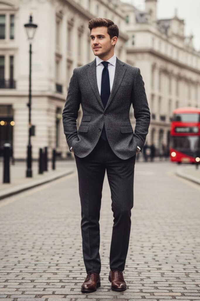 Tweed Blazer with Dress Shirt and Dark Jeans