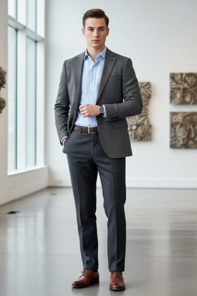 Tweed Blazer with Oxford Shirt and Wool Pants