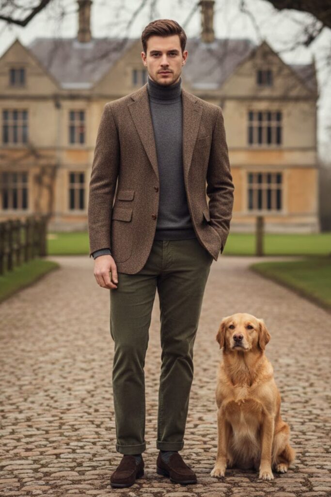 Tweed Blazer with Turtleneck and Corduroy Pants