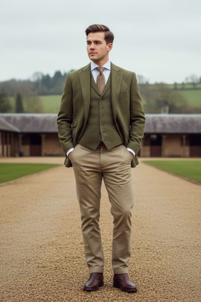 Tweed Blazer with Wool Vest and Khaki Trousers