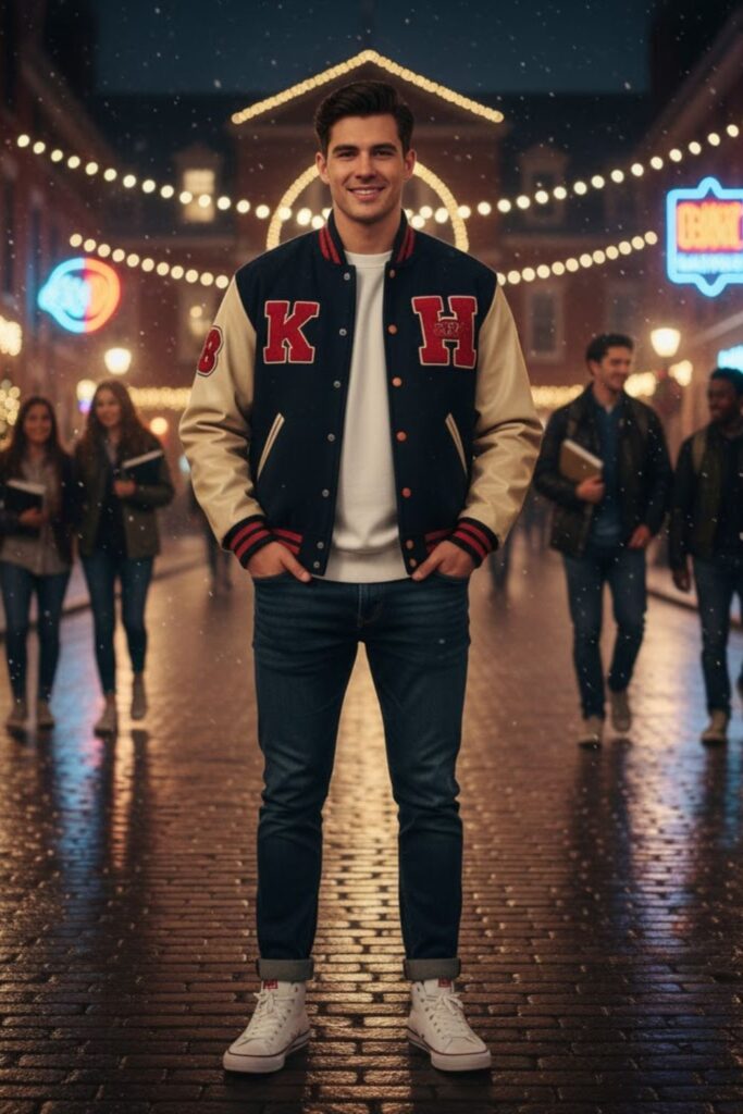 Varsity Jacket with Sweater and Denim