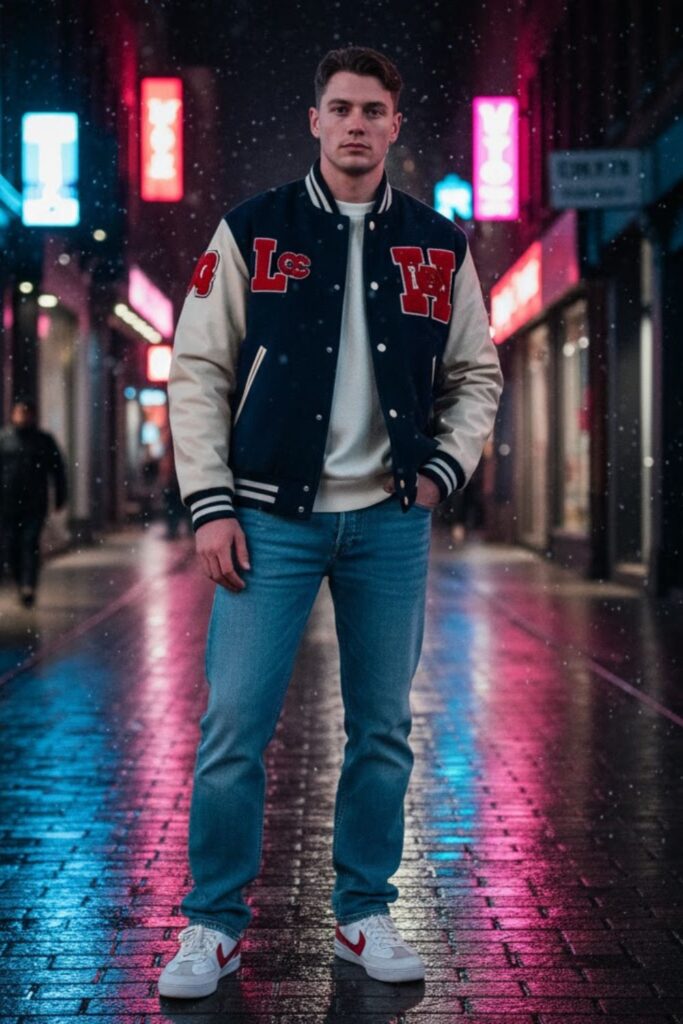 Varsity Jacket with Sweater and Jeans