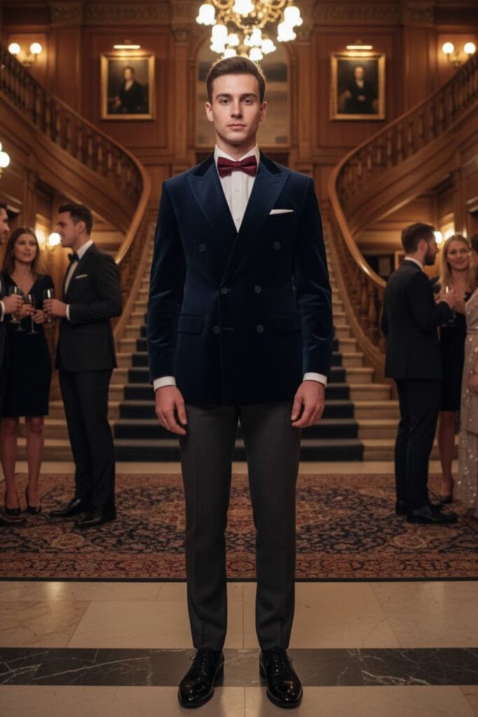 Velvet Blazer with White Shirt and Wool Trousers