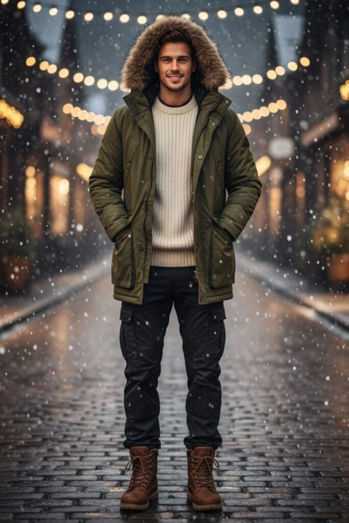 Waterproof Parka with Knit Sweater and Cargo Pants