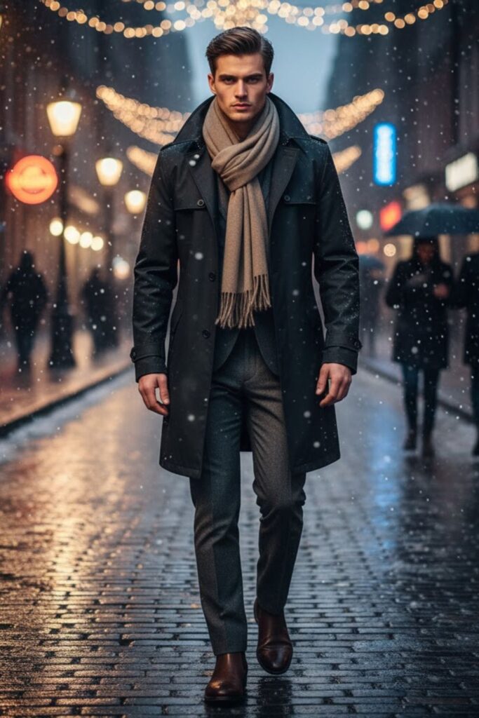 Waterproof Trench with Cashmere Scarf and Dress Pants