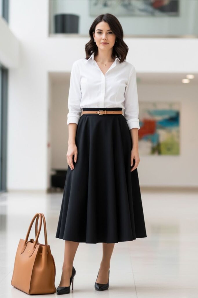  White Button-Down Shirt, Black A-Line Skirt, Nude Pumps, Structured Tote Bag