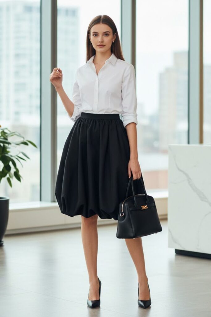White Button-Up Shirt, Black Balloon Skirt, Nude Heels, Structured Handbag