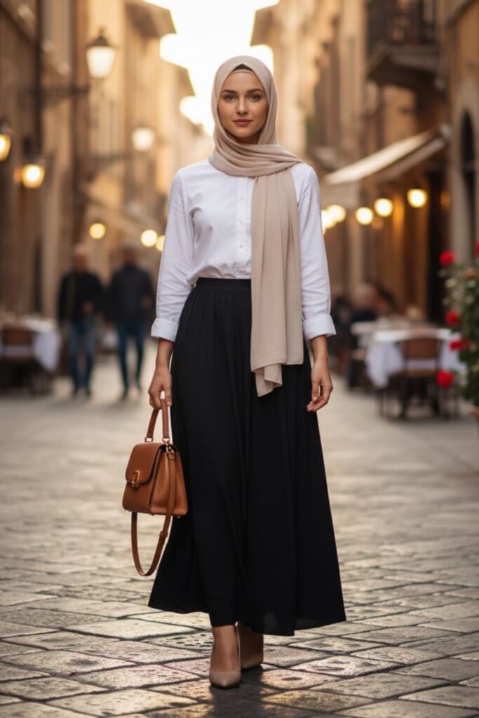White Button-Up Shirt, Black Maxi Skirt, Beige Heels, Neutral Hijab