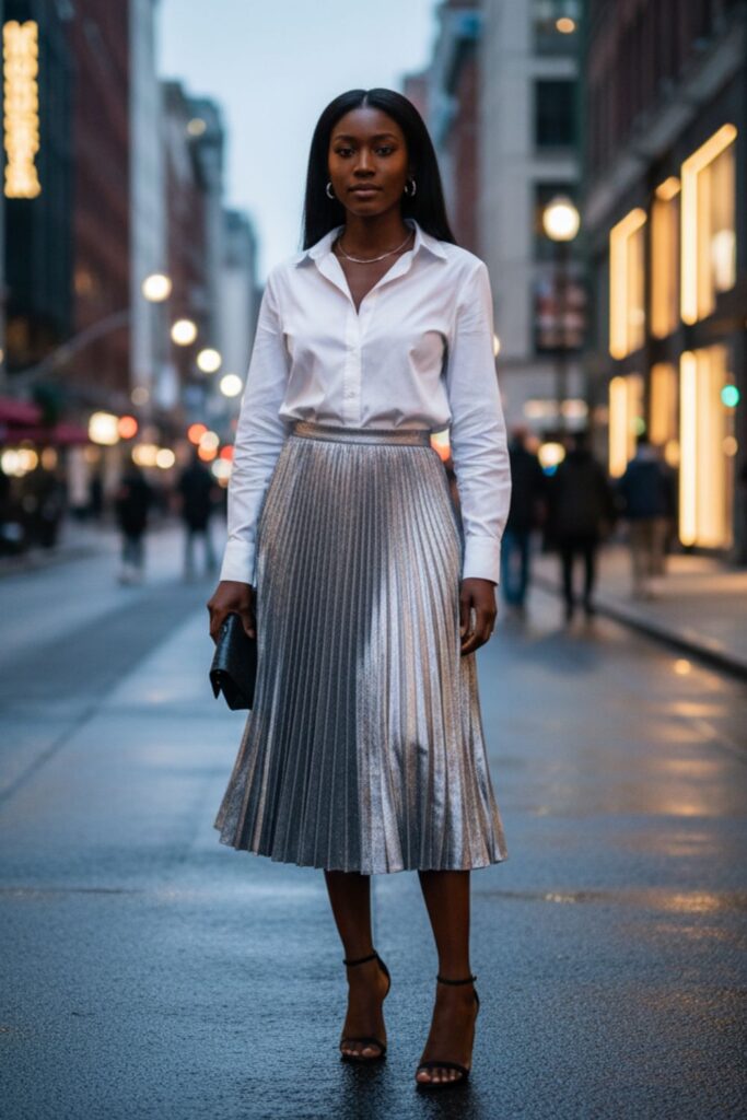 White Button-Up Shirt, Silver Pleated Skirt, Strappy Heels, Minimalist Jewelry